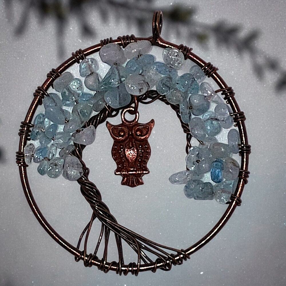 Natural Fluorite Chips Tree of Life Chakra Copper Owl 2 1/8" Pendant!